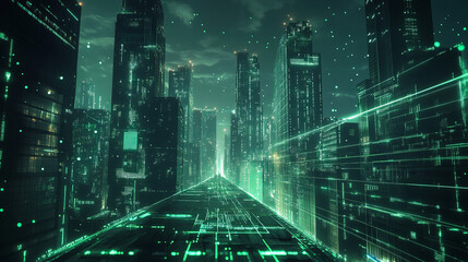 Poster - Digital cityscape abstract background, Abstract visualization of a cityscape rendered in neon green digital lines, Smart city technology and urban data networks. 3d rendering