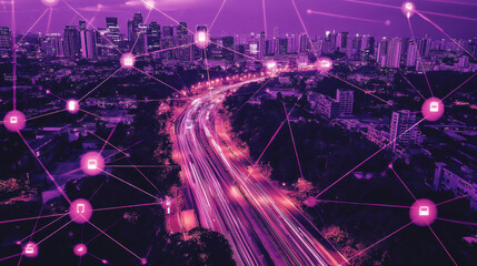 Poster - Smart City Of Cyberspace And Metaverse, Technology Digital Network Connection, Social Network Connection, Purple Abstract Background Concept. 3d Rendering