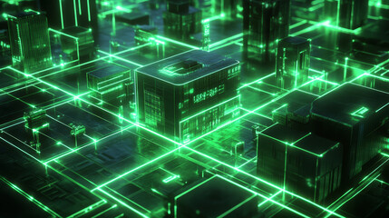 Poster - IoT Concept in Digital Cityscape, Futuristic digital cityscape illustrating the wifi internet of things concept with neon green connectivity and urban networks. 3d rendering