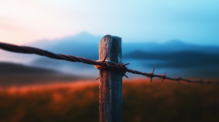 Wall Mural - a close-up of a wooden fence post with barbed wire against a colorful sunset background.