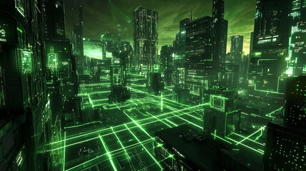 Poster - IoT Concept in Digital Cityscape, Futuristic digital cityscape illustrating the wifi internet of things concept with neon green connectivity and urban networks. 3d rendering