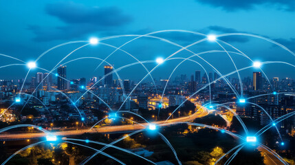 Poster - Digital City Digital cyberspace with particles and Digital data network connections, 5g high-speed connection data analysis process abstract background concept.