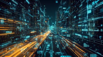 Poster - Digital City, Digital cyberspace with particles and Digital data network connections, 5g high-speed connection data analysis process background concept.