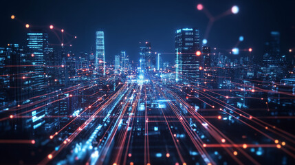 Poster - Digital City, Digital cyberspace with particles and Digital data network connections, 5g high-speed connection data analysis process background concept.