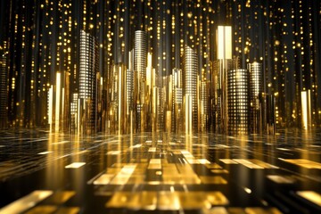 Poster - A futuristic city skyline illuminated with golden lights at night