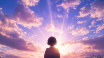 Wall Mural - a person standing against a vibrant sunset with colorful clouds in the sky.