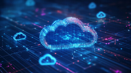 Poster - cloud and edge computing technology concepts. a large cloud icon over three prominent white clouds. 