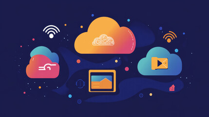 Poster - cloud and edge computing technology concept with cybersecurity data protection system. three large c