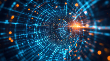 Poster - Tunnel Sci-Fi Digital Cyberspace, Digital Data Network and Blockchain Connections. Technology Digital Data Background Concept. 3d rendering
