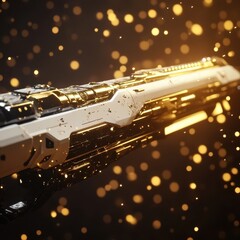 Poster - A futuristic white and golden weapon is highlighted against darkness