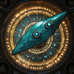 Wall Mural - a metallic teal object resting atop a detailed circular structure