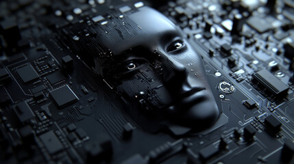 Poster - AI chip, a futuristic human face design, set on a circuit board, symbolizing advanced artificial intelligence technology. Big Data processing analytics technology background 3d Rendering