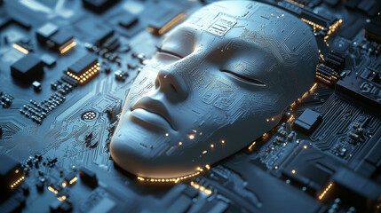 Poster - AI chip, a futuristic human face design, set on a circuit board, symbolizing advanced artificial intelligence technology. Big Data processing analytics technology background 3d Rendering