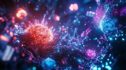 Poster - futuristic cyber network background illustration 3d, system of galaxy, data deep learning hologram robotic, ai technology neon glow, molecule of chemical, atom cell science