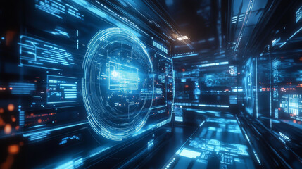 Fototapete - Hi-Tech digital technology cyber security display holographic information abstract background