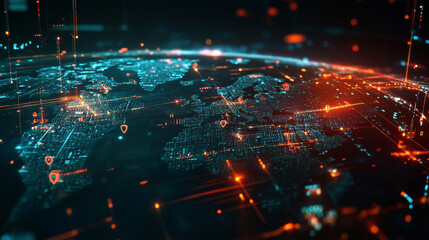 Poster - HUD and Shield Icon of Cyber Security Digital Data, Digital Data Network Protection, Global Network Internet Connection and Big Data Analysis Future Background Concept. 3d rendering