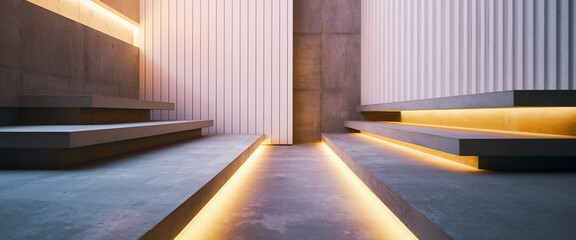 Poster - Concrete steps with warm yellow LED lighting, creating a minimalist and modern display showcasing free space for product placement or text, ideal for advertising or branding