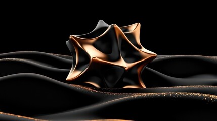 Poster - A golden and black abstract shape rests on black wavy fabric