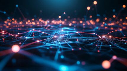 Fototapete - Abstract representation of a futuristic digital data network with glowing nodes and lines on a dark background, symbolizing connectivity, technology, and information flow.