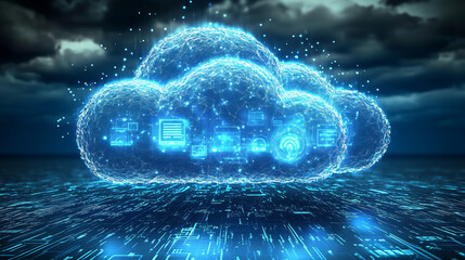 Poster - Futuristic cloud computing network with glowing digital pathways, representing cloud technology, data flow, and global connectivity. Cybersecurity digital data background, 3D Rendering