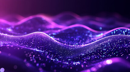 Poster - Digital cyberspace futuristic, Purple color particles wave flowing with lines and dots connection, Technology network abstract background . 3d rendering