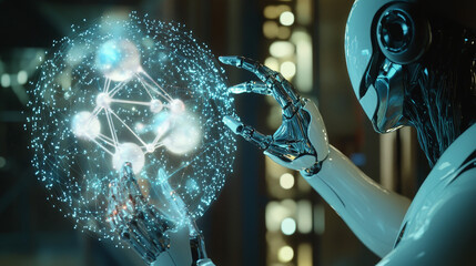 Poster - robot brain digital data ai global network technology hologram with light and hand of human in sci-fi futuristic concept, touch the science atom molecule, system link to worldwide, creative idea think
