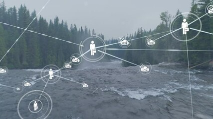 Poster - Network of connections and data processing animation over river and forest landscape