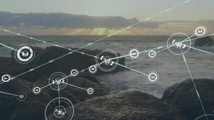 Poster - Network of connections and data processing animation over rocky ocean shore