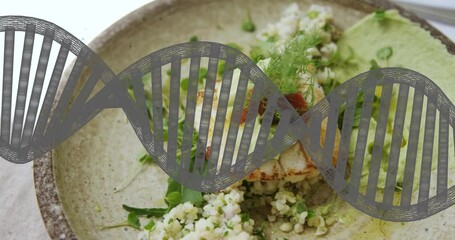 Poster - DNA strand animation over gourmet dish with greens and grains