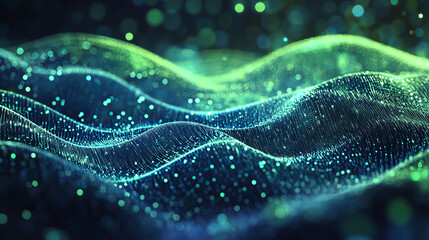 Poster - Digital cyberspace futuristic, Green and Blue color particles wave flowing with lines and dots connection, Technology network abstract background. 3d rendering