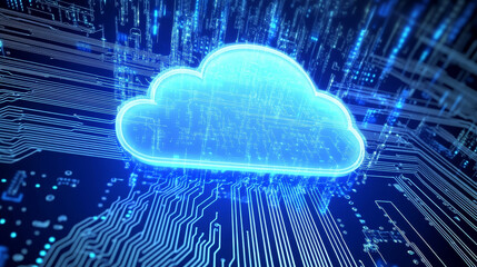 Poster - Cloud computing concept on blue circuit board, Abstract background of technology cloud computing with a glowing cloud icon on a blue circuit board. 3d Rendering