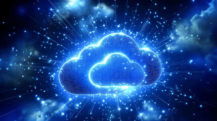Poster - Futuristic digital background with a glowing cloud icon represents cloud computing, big data storage and data security, Technology digital data network connection, 3d rendering