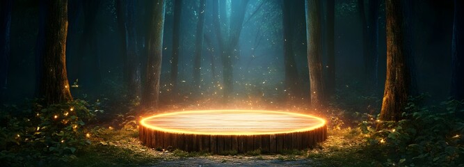 Wall Mural - a mystical podium made of enchanted wood, glowing softly in a fairy-tale forest