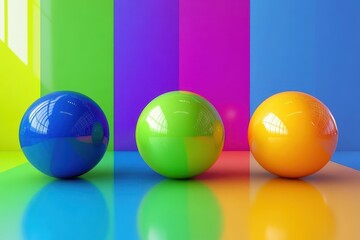 Poster - Three Reflective Spheres Displayed Against Vertical Blocks of Vibrant Colors