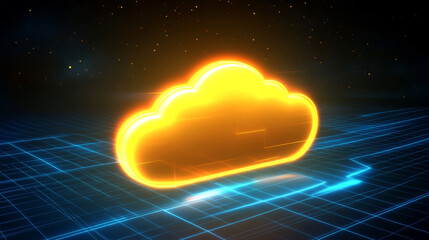Poster - Futuristic cloud computing technology concept with glowing yellow cloud icon on a blue hexagonal grid. Perfect for illustrating cloud storage, data security, and digital innovation, 3D Rendering