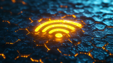 Poster - Futuristic wireless technology symbol in glowing yellow on a blue hexagonal grid. Ideal for showcasing Wi-Fi, digital connectivity, and communication networks. 3D Rendering