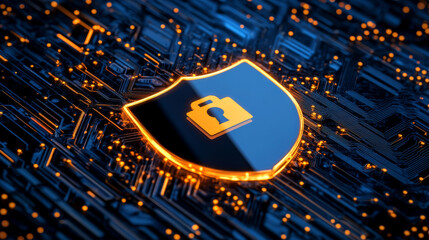 Poster - cybersecurity and privacy protection are computer technology concepts. a shield is built inside a tr