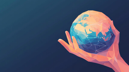 Poster - digital technology security concept Wireless connection of the global Internet communication network. Abstract globe resting on human hand with interconnected polygons on dark blue background.
