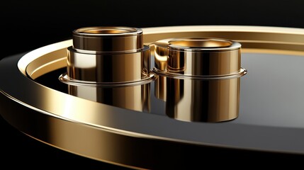 Poster - Golden geometric shapes are displayed on a reflective dark surface