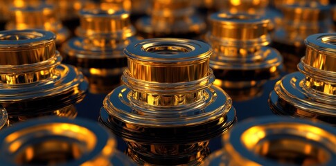 Poster - Shiny golden objects are arranged in a repeating patterned background display