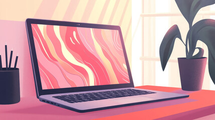 Poster - Laptop on desk with abstract liquid flow fluid background on screen. Multimedia gaming laptop vector front view. Vector template laptop mockup. Electronic device advertisement. Screen computer matrix.