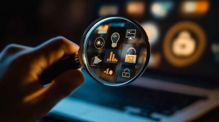 Poster - Flat loupe icon. SEO. Search engine optimization. Data finding. Content analyzing.