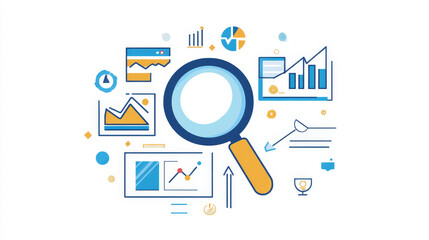 Poster - Flat loupe icon. SEO. Search engine optimization. Data finding. Content analyzing.