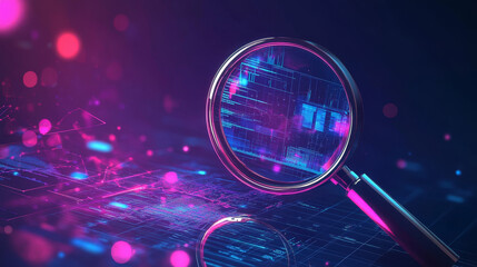 Poster - Flat loupe icon. SEO. Search engine optimization. Data finding. Content analyzing.