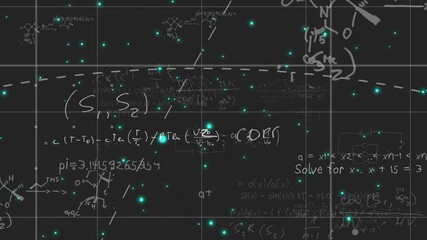 Poster - Animation of mathematical equations and glowing points on dark grid background