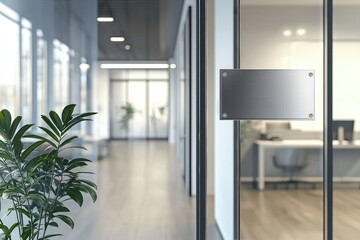 Aufkleber - Modern office hallway with a blank metal nameplate on a glass wall, ideal for branding, signage mockups, business presentations, and corporate identity designs