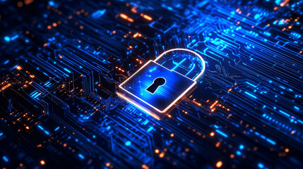 Poster - data protection background is a concept in cybersecurity and privacy technology. a small padlock bin