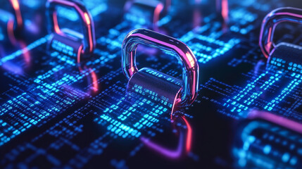 Poster - Lock Icon of cyber security. Digital data network protection. High-speed connection data analysis. Technology data binary code network conveying. Future technology digital background concept.