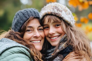 smiling mature woman embracing daughter