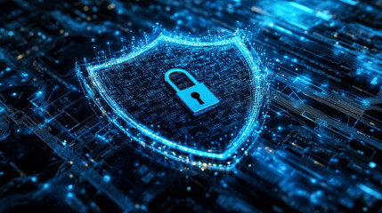 Poster - Data protection is a concept in cybersecurity and privacy technologies. There is a shield in the middle. The small padlock serves as the connection point between the polygons. dark blue background